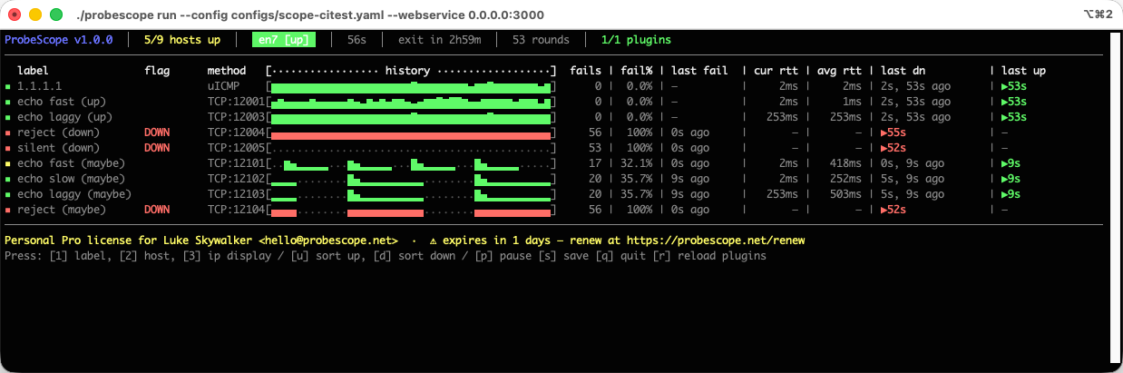 ProbeScope terminal monitoring fast, laggy, reject, and silent synthetic test hosts, with 'maybe' variants surviving intermittent failures