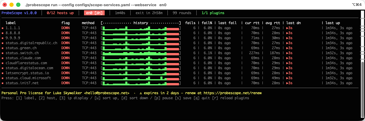 ProbeScope terminal showing the same twelve status pages all DOWN at once, en0 [dn] badge in red